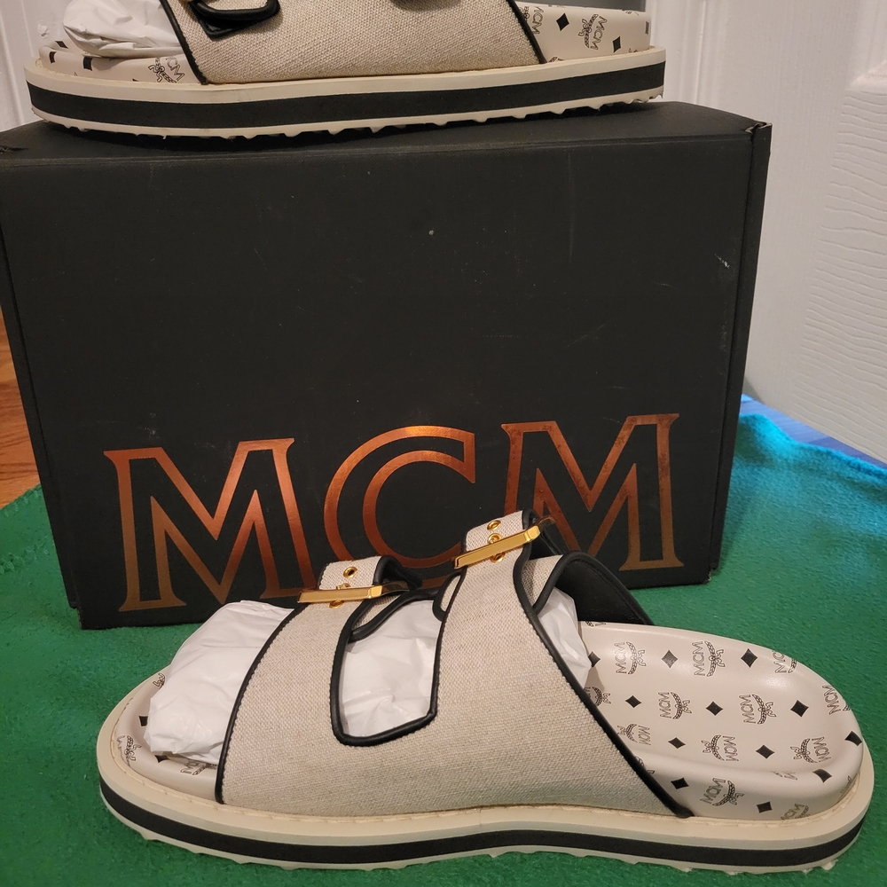 MCM Woman's Beige and Black Slide Sandals